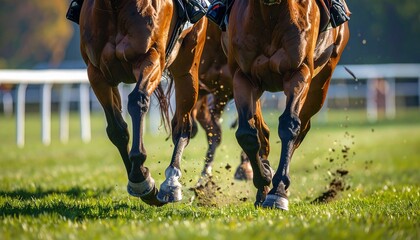 Racing Horses Closeup of powerful legs speeding across a green racecourse.