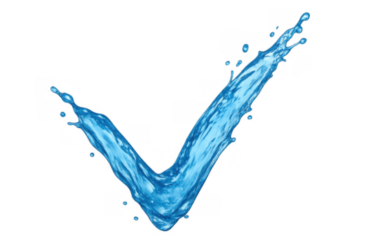 Water check mark symbol forming from blue fluid splashes, representing purity, approval, and verification on transparent background