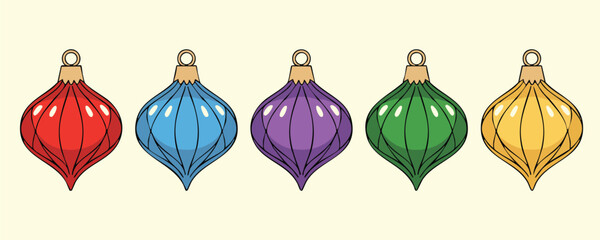 Five Colorful Shiny Onion-Shaped Christmas Ornaments in a Row (Red, Blue, Purple, Green, Yellow) illustration, vector.