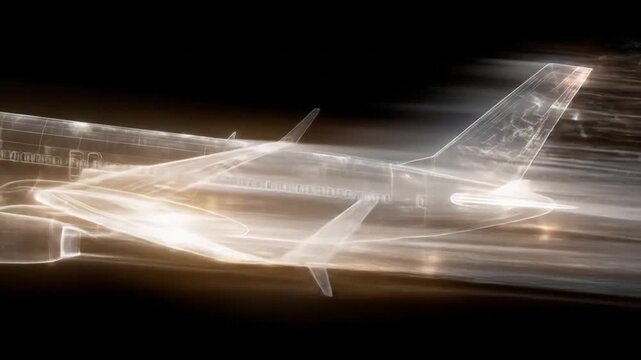 Futuristic airplane schematic with glowing ethereal lines against a dark, streaky background
