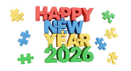 Fototapeta premium Happy new year 2026 text with puzzle pieces isolated on transparent background