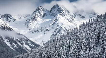Breathtaking winter scenery of snowcovered mountains and forests, with a thick layer of fresh snow blanketing the landscape under a cloudy sky in the alps