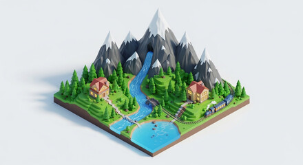 Isometric mountain landscape with houses, river, and train, showcasing a low poly design and a vibrant color palette