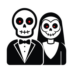 Spooky skeleton couple in formal attire with red eyes