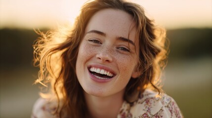 Close up view of a smiling woman with freckles and auburn hair during golden hour