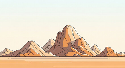 Cartoon illustration of a desert landscape with mountains, sand, and a clear sky, featuring warm colors and a simple design