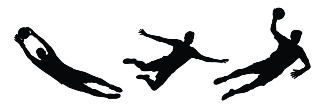 Fototapeta Soccer goalkeeper silhouette in action, diving to save the ball, football match moment, vector illustration