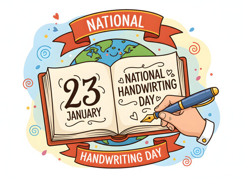 national handwriting day illustration with open book and fountain pen