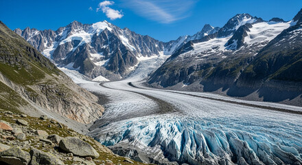 Panoramic view of the aletsch glacier in the swiss alps with snowcapped mountains and a clear blue sky on a sunny day, a majestic and serene landscape