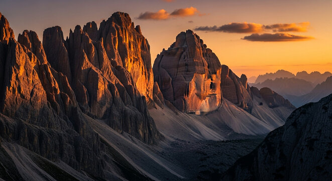 Dramatic sunset over the tre cime di lavaredo peaks in the dolomites, italy, showcasing the rugged beauty and golden light of the italian alps