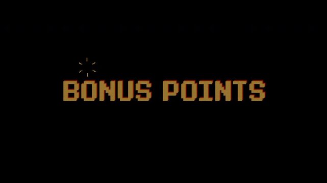 Bonus Points text animation on 8 bit retro game black background. 4k video. Suitable for your video game content, Vintage Arcade Games or Vintage Arcade Games.