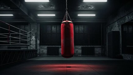 A red punching bag hangs in a dimly lit, gritty boxing gym with a boxing ring in the background