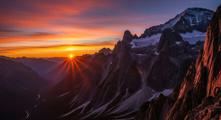 Majestic sunrise over the dolomites a breathtaking view of the mountains at dawn, with the sun casting a warm glow on the peaks and valleys below, italy
