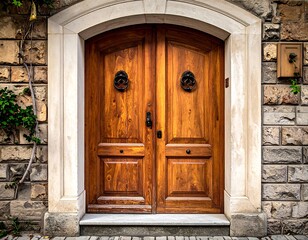 A close-up view of a double wooden door with intricate details. The door is set within a stone archway with a mailbox