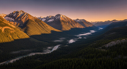 A breathtaking aerial view of a mountain range at sunset, with a river winding through a lush forest, creating a stunning landscape of natural beauty