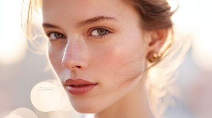 Close up of a young woman's face displaying freckles fair skin and light brown hair
