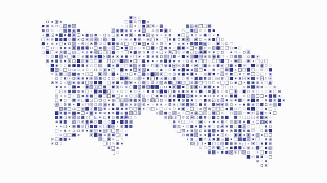 Jersey map animation. Shape of the country with pulsating colored dots. Small size square blocks. Digital style Jersey map on white background. Creative video.