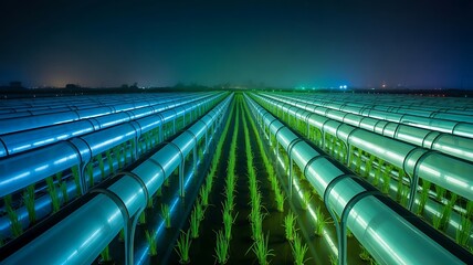 Obraz premium Futuristic illuminated greenhouse with rows of young plants and overhead pipes , greenhouse, futuristic, technology, 