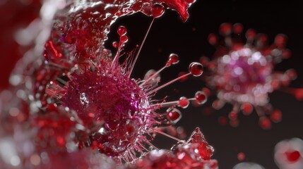 Microscopic close up view of a red and clear virus cell with spike proteins on a dark background