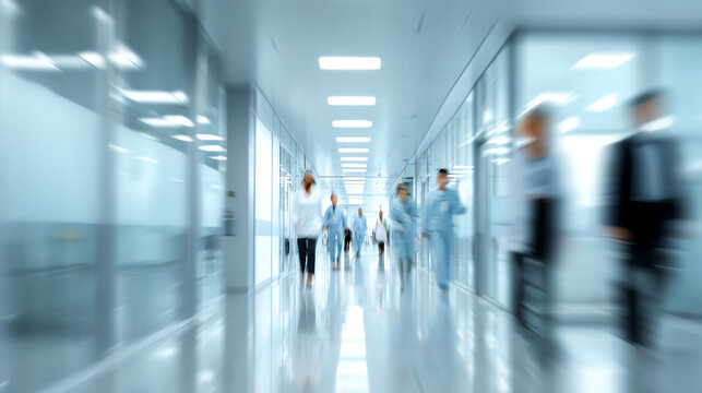 Blurred scene depicting busy professionals walking in a modern office hallway, showcasing teamwork and efficiency.