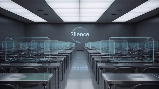 Futuristic classroom with holographic displays and the word SILENCE on a screen , futuristic, classroom, technology
