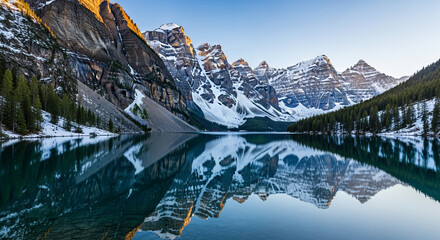 A scenic view of moraine lake in banff national park, alberta, canada, with snowcapped mountains reflecting in the calm water at sunrise