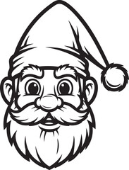 Bold black and white cartoon illustration of a friendly Santa Claus head with a large mustache and classic pompom hat.