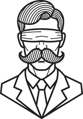 Fototapeta premium Blindfolded gentleman in a suit with a large curled handlebar mustache line art style.