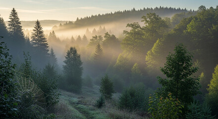 Sun rays shine through the fog in a forest at sunrise, creating a beautiful and ethereal scene with trees, fog, light, nature, and landscape