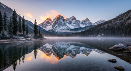 Majestic mountain peaks reflected in the tranquil lake at sunrise, surrounded by snowcovered trees, creating a serene and breathtaking winter landscape