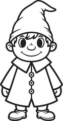 Charming cartoon gnome boy in a pointy hat and coat a simple black and white line art illustration.
