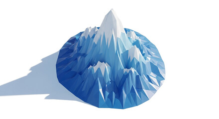 Low poly mountain range with snowcapped peaks, casting a shadow on a white background, creating a minimalist and modern design