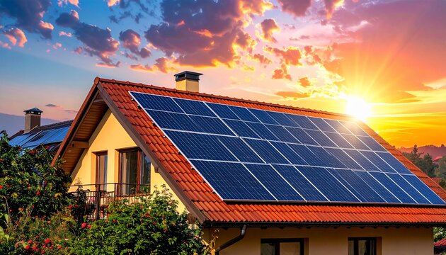 Solar Panels on House Roof with Sunset Sky with Green Energy, and Renewable Power.