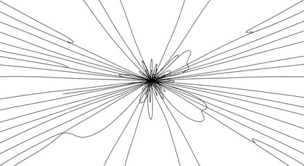 This compelling black and white abstract illustration features a central burst of numerous radiating lines, conveying dynamic energy, speed, and expansive movement.