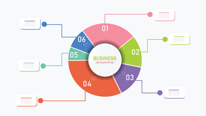 Pie chart infographic template. Business pie chart infographics with editable segments. Circle chart infographic template with 6 options for strategy presentations. Vector illustration Eps