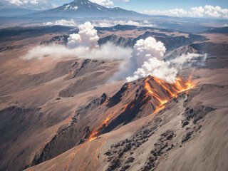 Dramatic Drone View of Active Volcano with Flowing Lava and Smoke Plumes