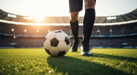 Fototapeta premium Soccer Player and Ball on Stadium Pitch at Golden Hour