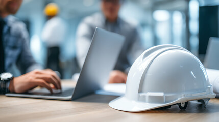Close-up of a white hard hat on a table next to a laptop in a busy construction office environment.