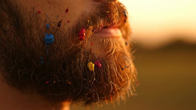 Close up of beard with colourful paint splashes, creative concept.