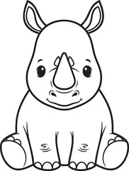 Cute cartoon baby rhinoceros sitting down a black and white line art illustration for a coloring book.