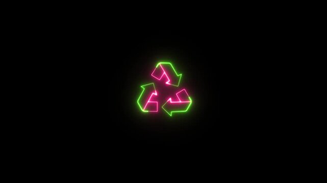 Neon glowing line recycle symbol icon animation on the black background.