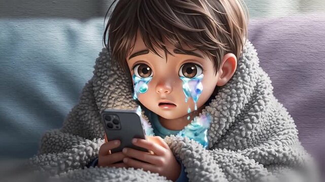 kawaii melancholic watercolor of a boy scrolling under a blanket with tiny glowing tears melting into soft watercolor puddles below