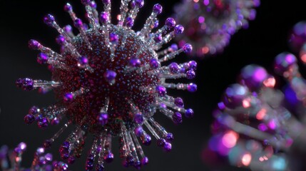 Purple and red coronavirus rendering showing detailed spike proteins on dark background