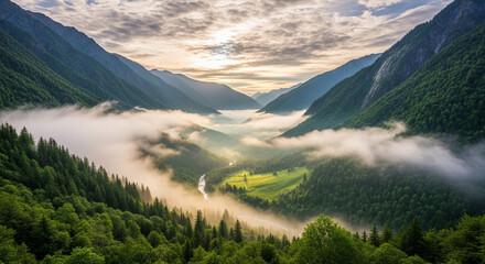 Breathtaking mountain valley with lush green forest and a river flowing through the fog, creating a serene and picturesque landscape at sunrise
