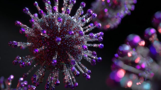 Purple and red coronavirus rendering showing detailed spike proteins on dark background