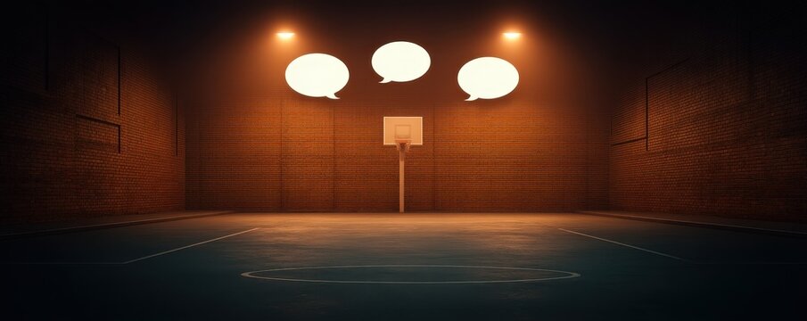 Comic Speech bubble Urban style concept. Empty basketball court with speech bubbles and dramatic lighting.