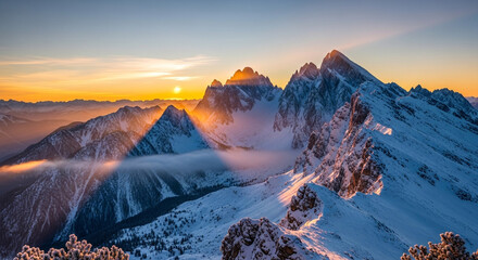 Majestic snowcovered mountain peaks at sunset, with golden light illuminating the landscape, creating a breathtaking and serene winter scene