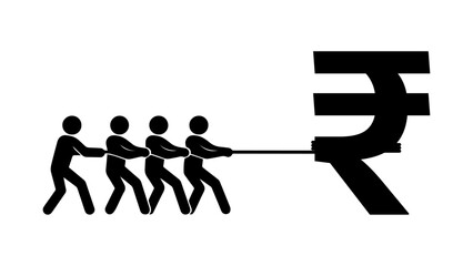Group of stickmen pulling a large rupee symbol in a tug-of-war style. Represents teamwork, financial struggle, goals, and economic effort.