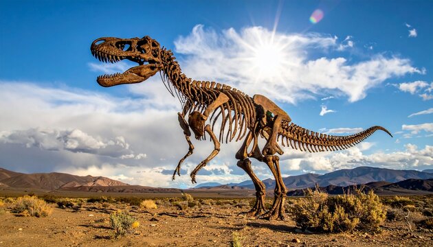 Tyrannosaurus Rex Skeleton Stands Under a Sunny Sky in the Desert.