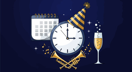 New Year's Eve celebration concept with a clock wearing a party hat, a calendar, and a glass of champagne.